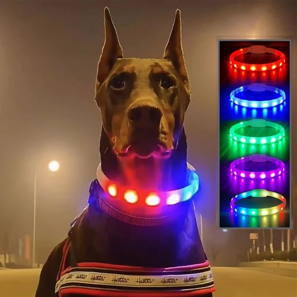 Colliers de chien Laisses Collier LED en silicone USB rechargeable lumineux anti-accident de voiture perdu Sécurité Pet Light pour accessoires 231127