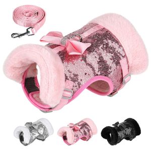 Colliers pour chiens Laisses Harnais pour chien doux et chaud Le moins ensemble mignon Bowknot Chiot Harnais pour chat Gilet Bling Paillettes Harnais 5 pieds Laisse pour petits chiens moyens Chats T221212