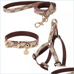 Halsbanden Leashes Step In Dog Harness Designer Dogs Collar Leashes Set Classic Plaid Leather Pet Leash For Small Medium Cat Chih Dhnl8