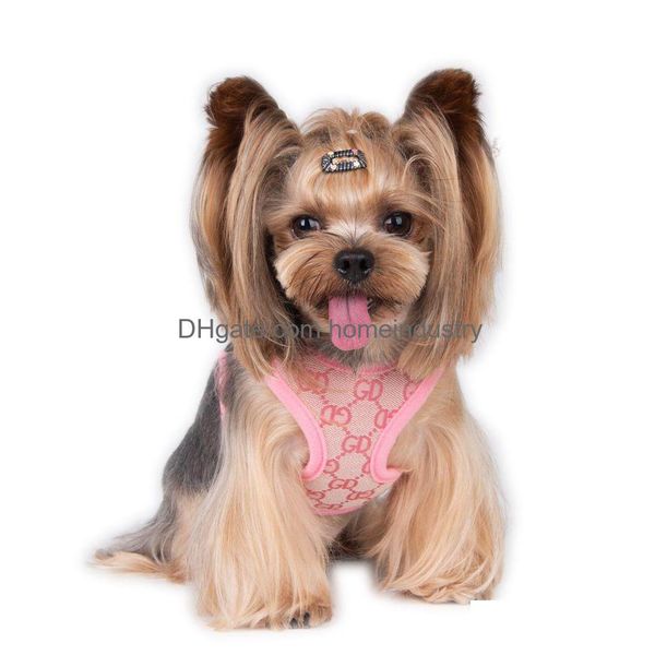 Colliers De Chien Laisses Stepin Harnais Ensemble Designer Pet Vest Classique Jacquard Lettrage Soft Air Mesh Harnais Pour Petits Chiens Chat Thé Dhjgs