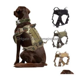 Colliers de chien Laisses Harnais tactique Harnais pour chiens militaires Harnais de travail pour chien Molle Formation réglable sous la taille Patrol K9 Large W Dhxtx