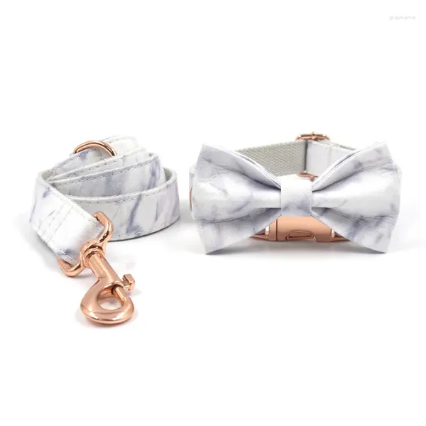 Collares para perros Conjunto de collar y correa de diseño de lujo Patrón de mármol personalizado con hebilla de metal de oro rosa Pajarita Cachorro