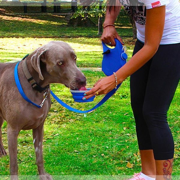 Colliers pour chiens Laisse multifonction pour animaux de compagnie Corde longue rétractable durable avec distributeur de sacs à déchets pour bol de bouteille d'eau intégré