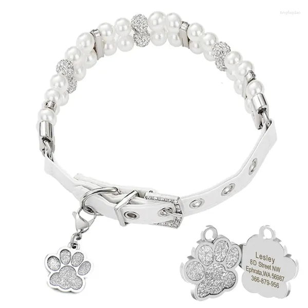 Collares para perros Collar de perlas PU Cuero Glitter Crystal Luxury con etiqueta de identificación personalizada para accesorios pequeños y grandes