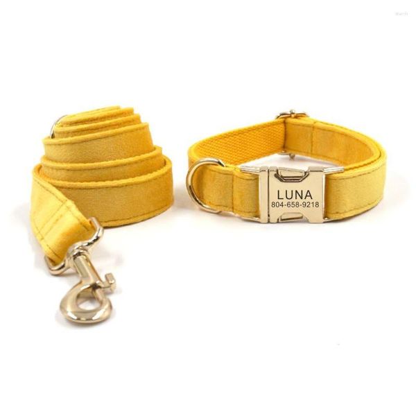 Collares para perros, Collar personalizado, grabado gratuito para mascotas, accesorio de etiqueta de nombre de identificación, correa de cachorro de fibra de terciopelo amarillo