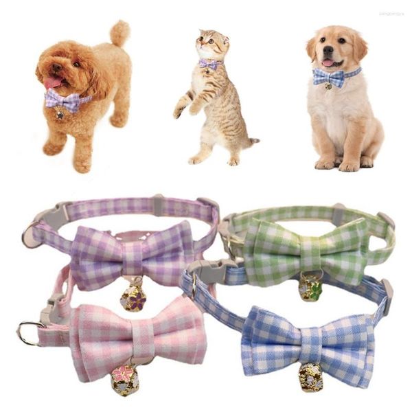 Colliers pour animaux de compagnie, réglables, nœud papillon et cloche pour chat, fournitures imprimées à carreaux, accessoires universels pour chiots