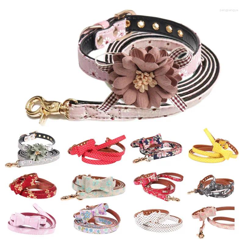Dog Collars Pet Collar Leash Set Luxury Bowknot Flower Cat Collier Chain For Small Medium Large Dogs Gato Chihuahua Pug Personalized