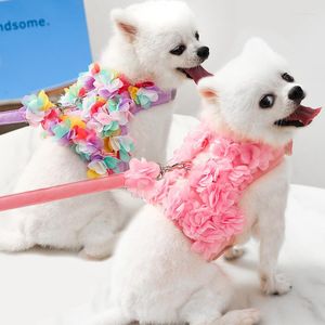 Colliers pour chiens harnais pour animaux de compagnie jupes courtes vêtements avec fleurs roses en trois dimensions chiot gilet laisse ensemble fournitures pour chiens chats