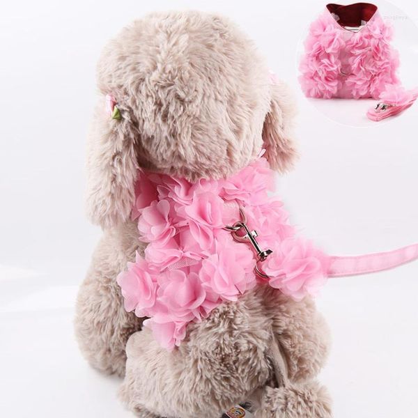 Colliers de chien fleurs roses harnais laisse ensemble accessoires mignon chiot chat sangle de poitrine laisses gilet pour Chihuahua Yorkshire Terrier Teddy animal de compagnie