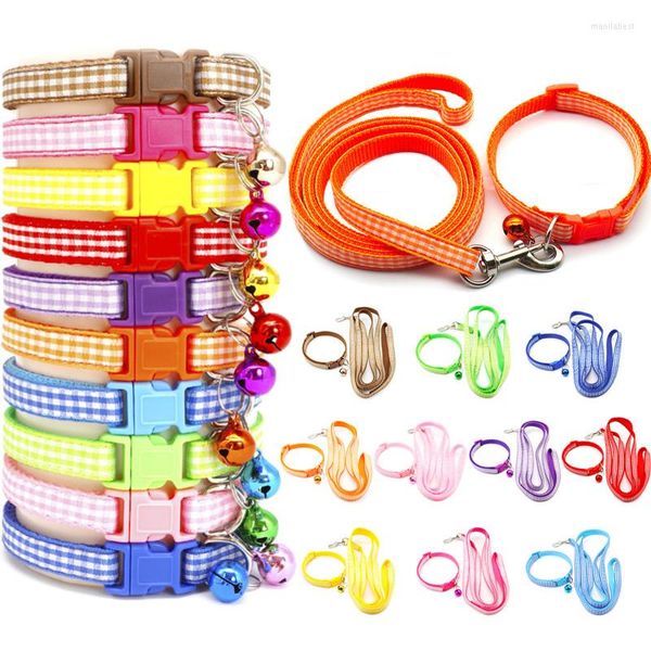 Colliers de chien imprimé à carreaux avec laisse de collier de cloche petit décontracté réglable sangle de cou Traction colorée corde de marche fournitures pour animaux de compagnie