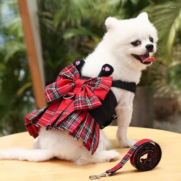 Collares para perros falda gato a cuadros correa para el pecho cuerda de tracción Teddy Pomeranian productos para mascotas caminar suministros de estilo universitario arnés