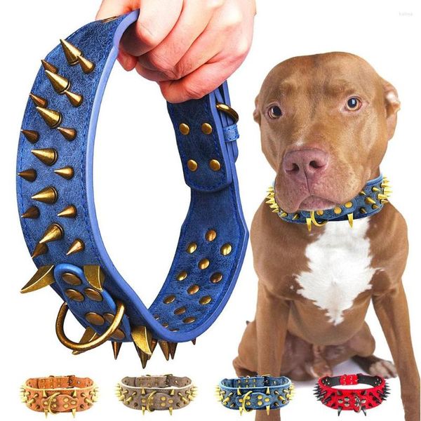 Colliers pour chiens Collier clouté à pointes avec de grandes pointes pointues de 2 pouces de large Protégez le cou du chien des morsures Fit Pitbull Doberman Berger allemand