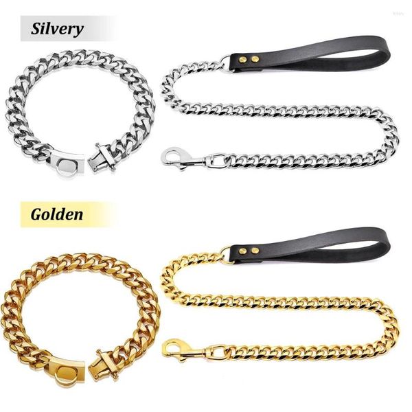 Colliers de chien Collier de chaîne en acier inoxydable Laisse Costume Pet Formation en métal pour chiens de taille moyenne Accessoires Silver Gold Link