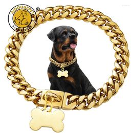 Colliers de chien en acier inoxydable collier en or avec étiquette en os chaîne à maillons en métal argent collier pour animaux de compagnie pour petit grand entraînement à la marche