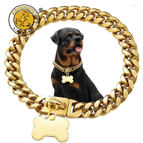 Collares de perro Collar de oro de acero inoxidable con cadena de eslabones de etiqueta de hueso Collar de mascota de plata de metal para entrenamiento pequeño y grande para caminar