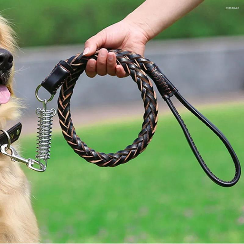 Collares para perros Correa grande de cuero real resistente y duradera sin amortiguador de tracción Cadena de cables para mascotas de entrenamiento trenzado con resorte