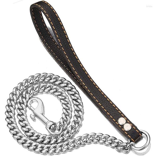 Collares para perros con cadena de 120 cm Entrenamiento Masticar Cuero Metal duradero Correa a prueba de mordeduras Mango resistente gigante