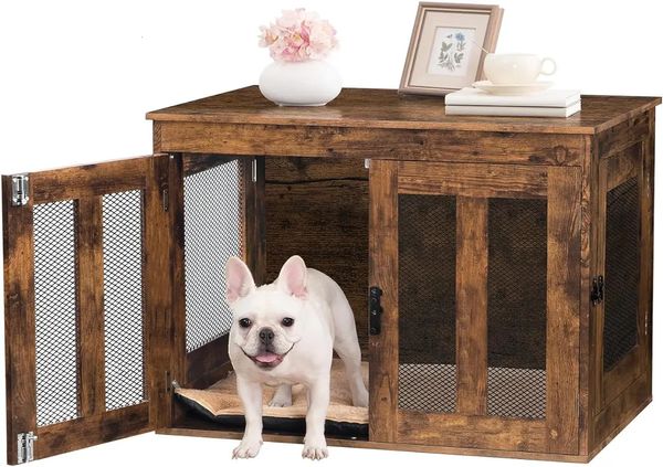 Muebles para jaula de perro con cojín, perrera resistente, puertas dobles, mesa auxiliar decorativa de madera para casa de mascotas, 240220