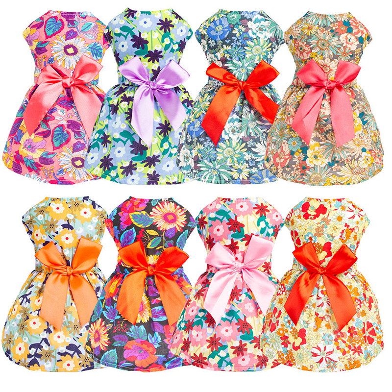 Dog Dresses for Small Dogs Girls Floral Puppy Dresses Dog Princess Bowknot Dress Cute Dogs Summer Outfits Dog Clothes for Yorkie Female Cat Small Pets 8 Styles S A723