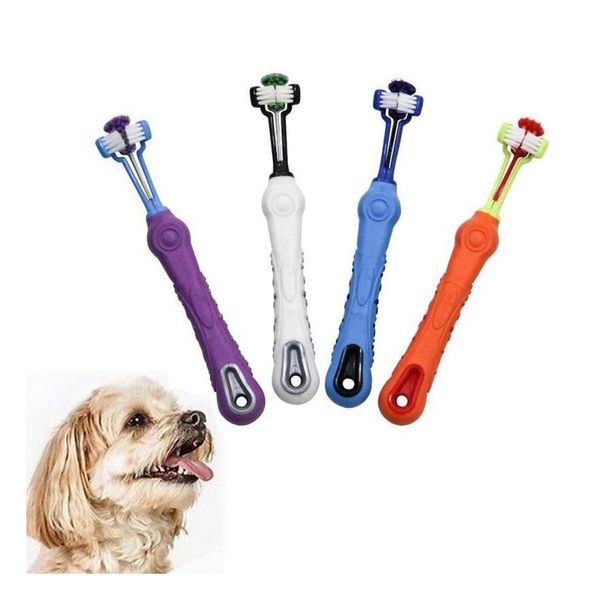 Peluquería para perros Cepillo de dientes para mascotas de tres lados Cachorro Mti-Angle Limpieza Suministros de salud dental oral Entrega de entrega Jardín en casa Dhmnu