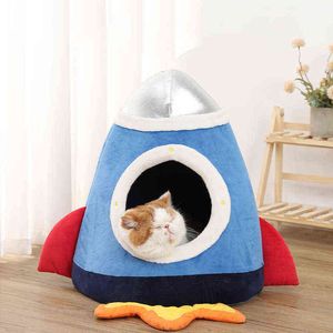 Niches pour chiens, accessoires pour chenils, lit pour chat doux, panier chaud pour animaux de compagnie, forme de fusée spatiale, tente de maison pour chat drôle, petit sac de tapis pour chien très doux pour lits de chats de grotte lavables R231115