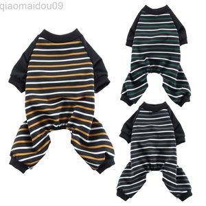 Hondenpyjama katoen gestreepte pup jumpsuit katoen ademende 4 poten basis PJS shirts voor jongensmeisjes puppy kat rekbaar l220810