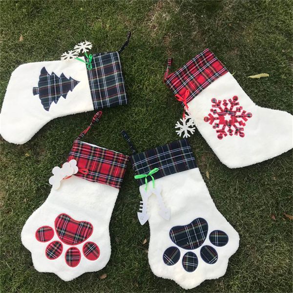 Chaussette de Noël en forme de patte de chien, grand plaid rouge à suspendre et chaussette blanche, 45,7 cm, ornement d'arbre de Noël, sac cadeau de bonbons pour accessoire de décoration de cheminée de vacances