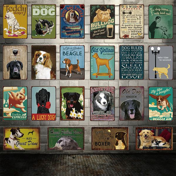 2021 Dog Rules Engraçado Bulldog Beagle Great Dane Sinal de metal Estanho Cartaz Decoração para casa Sala de estar Loja Bar Parede Arte Pintura 20*30 CM