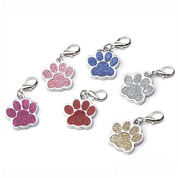 Etiqueta de perro Tarjeta de identificación Encantadora Etiqueta personalizada Grabado Nombre de identificación de mascota Etiquetas de collar Accesorios colgantes Paw Glitter Drop Delivery Home Garden Su Dh7Es