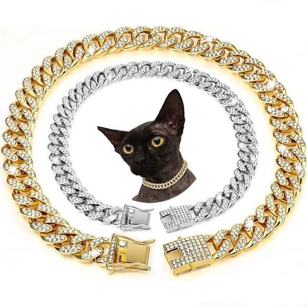 Collares de obediencia para entrenamiento de perros Collar de gatito con diamantes de imitación Cadena de metal de lujo para todas las razas Perros Gatos Collar de eslabones cubanos Hip Hop Gold P Ot0Vv