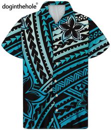 Doginthehole Casual losse Hawaii-shirts voor heren met korte mouwen Blauw Polynesisch tribal patroon Zomerstrandshirt Comfortabel 220705