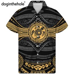 Doginthehole Chemises Vintage à Col Cubain pour Hommes Motif Tribal Polynésien Hauts Décontractés à Manches Courtes Chemise de Plage Confortable d'été 220705
