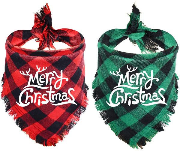 Bandana pour chien - Vêtements de Noël classiques à carreaux de buffle avec bords à pompons - Écharpe triangulaire - Bavoirs - Foulard - Costume adapté pour chiens de petite, moyenne et grande taille