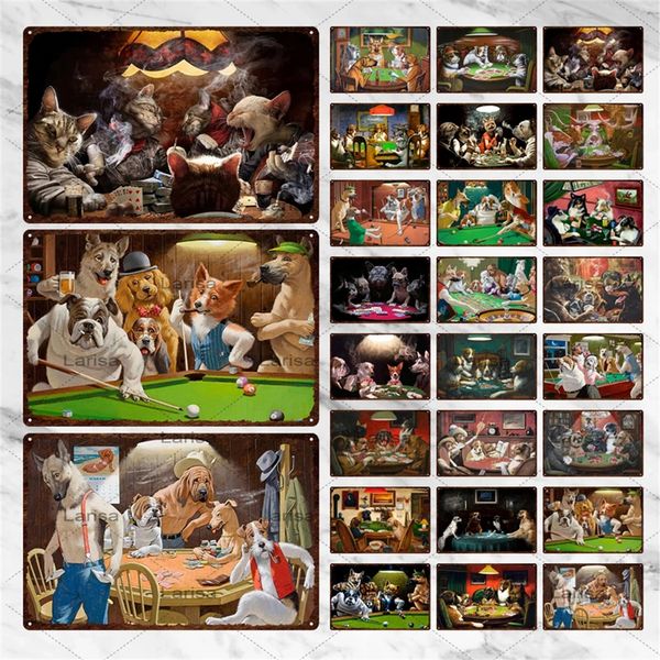 Chiens jouant au poker GameMetal Peinture Animaux jouant au billard Tin Sign Garage Club Wall Pub Tin Sign Vintage Metal Posters 20cmx30cm Woo