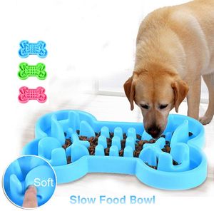 Honden Slow Food Bowls Siliconen Beenvormige Antislip Anti-Smashing Spill-Proof Cat Foods Feeder Pet Lade (groen S)