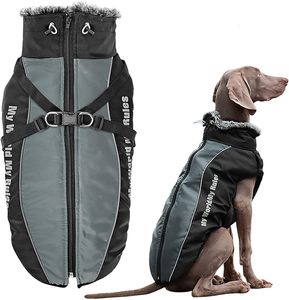 Vestes d'hiver pour chiens Vêtements pour chiens Manteaux Doberman par temps froid avec harnais Col en fourrure Marche facile Vêtements de sport doux et chauds pour chien de taille moyenne Gris XXL A150