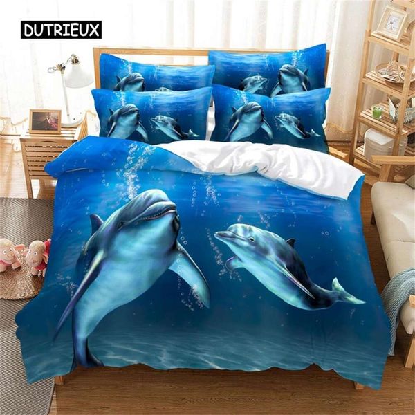 Dolathlon Parure de lit motif animal bleu océan, adaptée pour les femmes et les filles, belle housse de couette en duvet, décoration de chambre, lit, lit king size