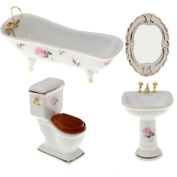 Accessoires de poupée 1 12 Dollhouse Mini Furniture Ensemble de salle de bain en céramique Toilette Baignoire Lavabo 5 230520