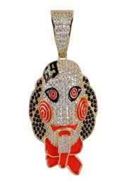 Poppenhoofdmasker hanger ketting ijskoud kubieke zirkoon hiphop goud zilveren kleur mannen charmes keten sieraden9788813