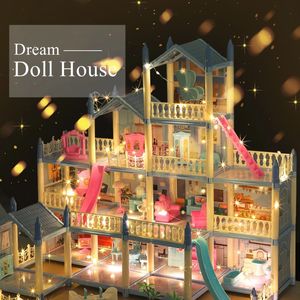 Poppenhuis 3D-montage Diy miniatuurmodel Childrens Crossing Villa Princess Castle Led Light Girl verjaardagscadeau speelgoed Hous 240223