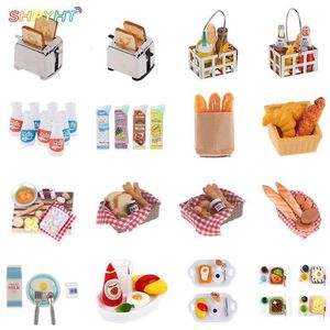 Doll House Accessories 112 Scale Miniature house Breakfast Set Milk Egg Bread Juice for Mini Food Play Kids Kitchen Toys 230424