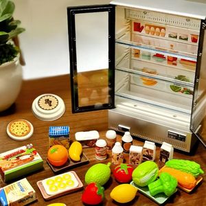 Doll House Accessories 21PCS Kitchen Toy Double-Door Large Refrigerator Miniature Furniture Music Light Food Accessories Model For Girl Birthday Gift 231202