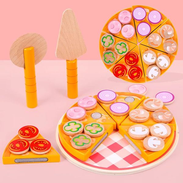 Accessoires de maison de poupée 27 pièces Pizza jouets en bois nourriture cuisson Simulation vaisselle enfants cuisine semblant jouer jouet fruits légumes jeu de coupe 231207