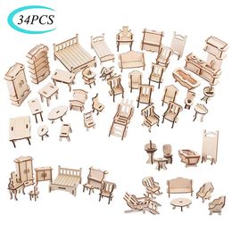 Doll House Accessories 34 pièces ensemble 3D Puzzle en bois jouet 1/12 Mini meubles en bois modèle de construction 3D maison de poupée accessoires bricolage enfants jouets éducatifs 231212