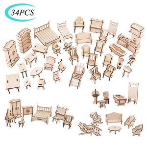 Doll House Accessories 34PCS Set 3D Puzzle en bois jouet 1/12 Mini meubles en bois modèle de construction 3D maison de poupée accessoires bricolage enfants jouets éducatifs 231208