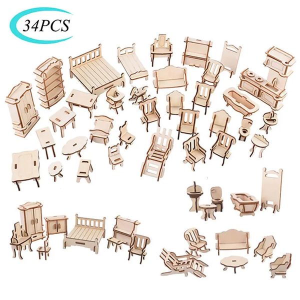 Accesorios para la casa de muñecas 34PCS / Set 3D Rompecabezas de madera Juguete 1/12 Mini muebles de madera Modelo de construcción 3D Accesorios para la casa de muñecas DIY Niños Juguetes educativos 231208