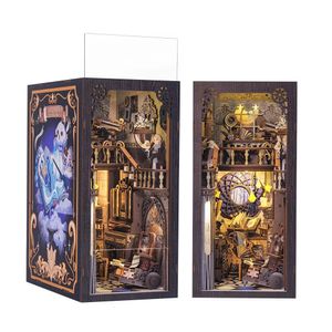 Accessoires voor poppenhuis Cutebee DIY Boekhoekje Kit 3D Houten Poppenhuis Boekenplank Inzet Decor Alley Miniatuurhuis met stofdicht LED-licht Boekenhoekje 231018