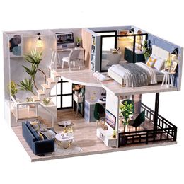 Doll House Accessories CuteBee DIY Dollhouse Kit Wooden Doll Houses Miniature Dollhouse Furniture Kit met LED -speelgoed voor kinderen Verjaardagscadeau 230503