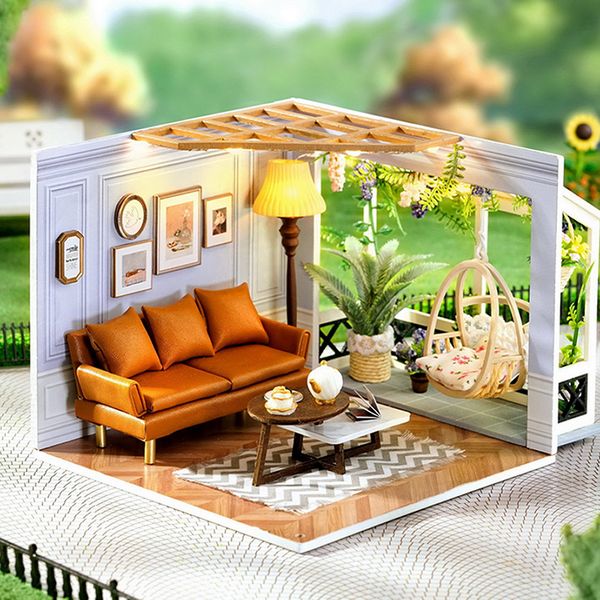 Accesorios para casa de muñecas Cutebee DIY Dollhouse Kit con muebles y luz Sala de ocio Casa de muñecas en miniatura Cafetería Modelo de madera Juguete para regalo para adultos 230424