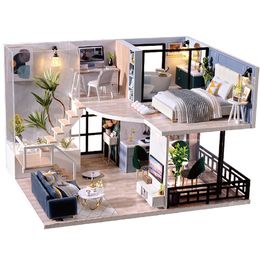 Poppenhuis accessoires CuteBee Diy House Kit houten huizen miniatuur huismeubilair met LED -speelgoed voor kinderen verjaardag cadeau 230424